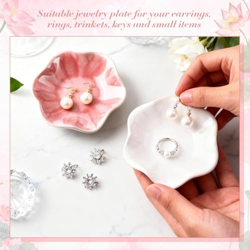 Meekoo 2 Pcs Lotus Leaf Ceramic Trinket Dish Ring Holder Pink and White - Image 4