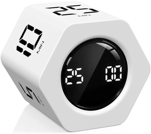 Rotating Productivity Timer 5, 25, 10 30,60 Mins Preset Stopwatch, Desk Flip ProductivityTimer, ADHD Tool Hexagon, Vibration/Mute/Alarm, for Work, Study, Back to School, Kitchen, White by OORAII