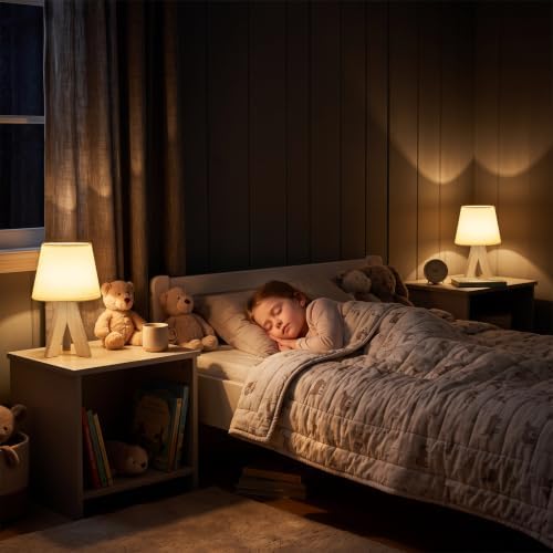 Tripod Table Lamp Small Bedside Lamp with White Fabric Shade, Mid Century Modern Nightstand Lamp for Bedroom Living Room Office Nursery, Wooden Legs(Cone) - Image 6