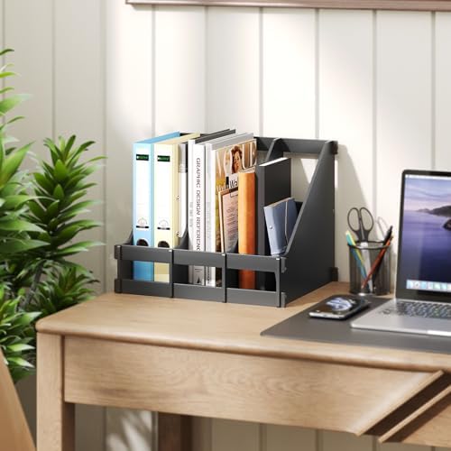 Bamboo Desk File Organizer, 3 Compartment Magazine Holder for Home Office(Black) - Image 2