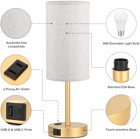 Fenmzee 17.4" Gold Lamp for Bedroom - Dimmable Touch, USB A+C, AC Outlet - Image 5