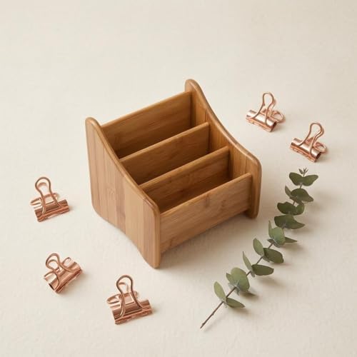 Desktop Organizer Bamboo Storage Box With Three Compartments Open Top Wood Organizer With Curved Sides And Low Front For Pens And Notes Suitable for - Image 4