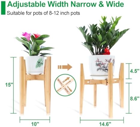 OERGKE Adjustable Plant Stand Indoor, Bamboo Mid Century Modern Plants Stands, Corner Flower Holder for Living Room, Fits 8 to 12 Inches Pots, (Pot & Plant Not Included)(Nature, 1 Pack) - Image 3