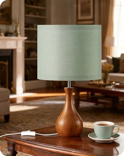 Green Table Lamp, 14.2" Small Bedside Lamp, Wood Table Lamp with Green Linen Lampshade & Dark Wood Base, Modern Nightstand Lamp for Bedroom, E26 Base, Bulb Not Included, LJ09TL05 by GOEBLESON