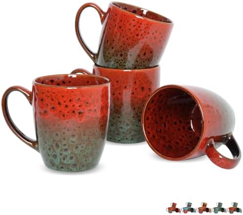 Bosmarlin Ceramic Coffee Mug Set of 4, 17 Oz, Coffee Cups with Big Handle, Microwave Safe, Unique Reactive Glaze (Red&Green) by Bosmarlin