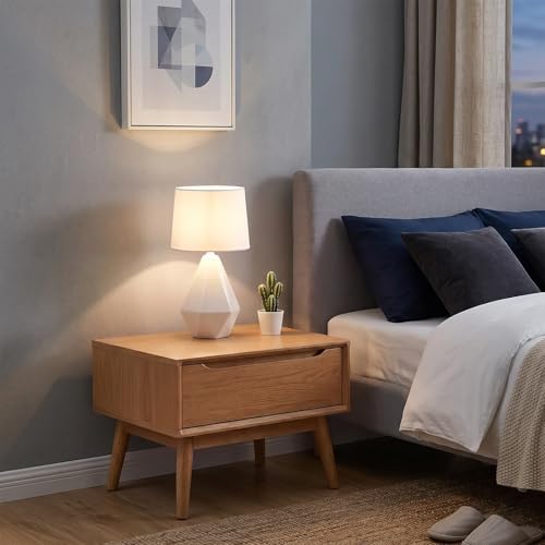 SOTTAE Modern Small Ceramic Table Lamp, White Irregular Geometric Bedside Table lamp for Bedroom,Nightstand Lamps with White Fabric Shade, Small Lamp for Kitchen Living Room - Image 2
