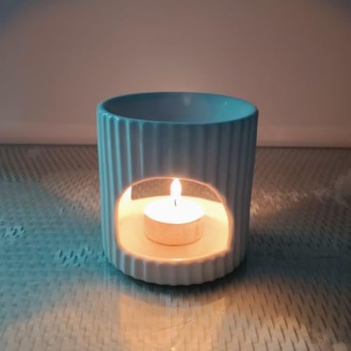 Glossy Vertical Ribbed Ceramic Wax Melt Warmer, Minimalist Cylinder Tea Light Essential Oil Burner Cream Home Decor White - Image 3