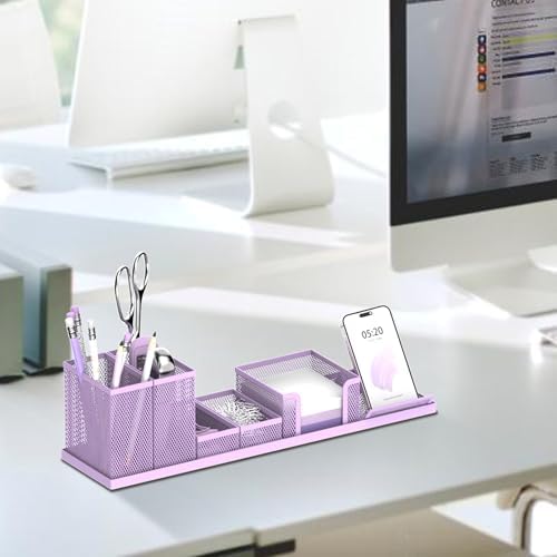 Pen Holder for Desk, 6-Piece Mesh Desk Organizer with Phone Holder, Purple - Image 6
