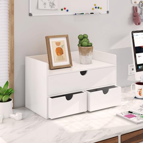 Bamboo Desk Organizer with Drawers Desktop Storage Drawers for Bills Office Supplies Kitchen Utensils Organizing Tool for Home Classroom Organization No Assembly (White with Shelf) - Image 2