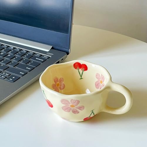 Creative Cute Coffee Mug Floral Ceramic Coffee Mug Flower Cute Cup for Women Girl 8.5oz Handmade Hot Chocolate Mugs for Latte Milk Tea Valentine’s Day Mother’s Day Birthday Christmas (Cherry) by KOUHTIKA