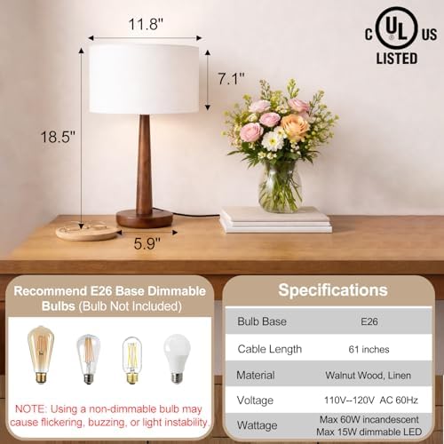 18.5" Modern Dimmable Walnut Wood Table Lamp with Linen Shade, White - Image 2