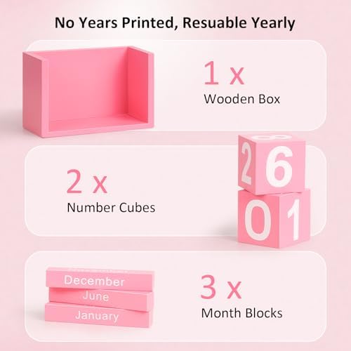 Wooden Block Calendar for Desk, Small Size Daily Desktop Perpetual Desk Calendar, Cute Date Display Desk Accessories for Home Office Decor, Teacher, Classroom, Reusable Yearly, Pink - Image 4