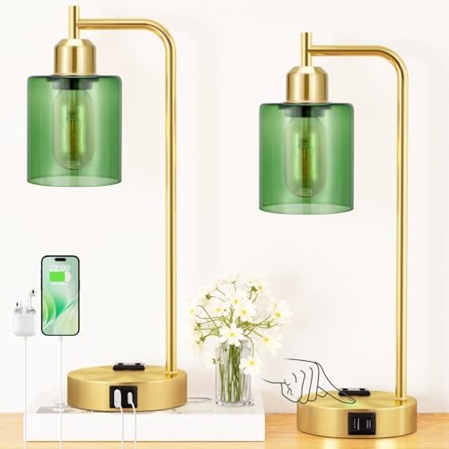 Innqoo Industrial Green Table Lamps for Bedrooms Set of 2-3-Way Dimmable Desk Lamp with USB C+A Ports and Outlet, Gold Lamps with Green Glass Shade for Living Room by Innqoo