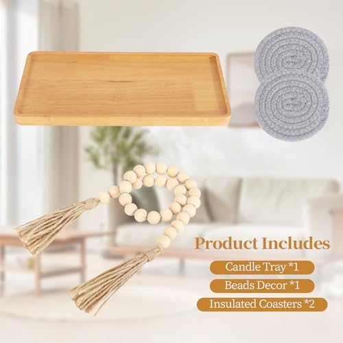 Wooden Candle Tray Holder 14 * 7 * 0.8 Inch Rectangular Decorative Serving Trays for Coffee Table Centerpiece Home Decor Wood Table Tray for Kitchen Counter with Beads Decor and 2 Coasters - Image 3
