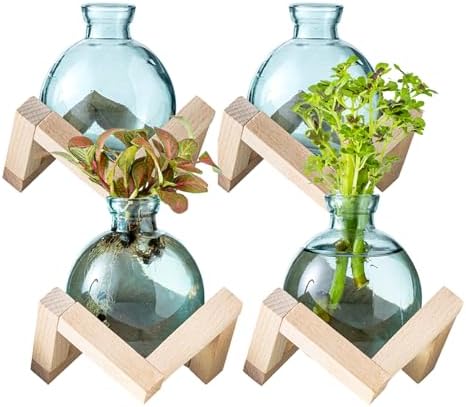 Plant Propagation Station, Plant Terrarium with Wooden Stand for Hydroponic Plant Propagation, Propagation Vases for Plants, Green Glass Bulb Vases for Home Office Decor (4) by wangsdjy