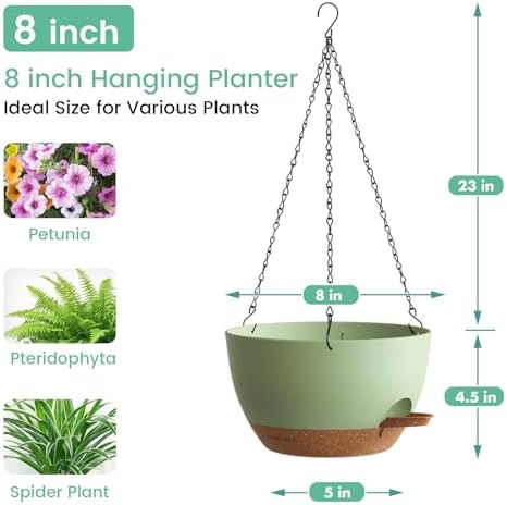 UOUZ 4 Pack 8 Inch Self Watering Hanging Planters for Indoor Outdoor Plants，Hanging Pots for Plants with Drainage Removable Tray, Hanging Baskets Flower Pots for Pothos Spider Garden Green with Brown - Image 3