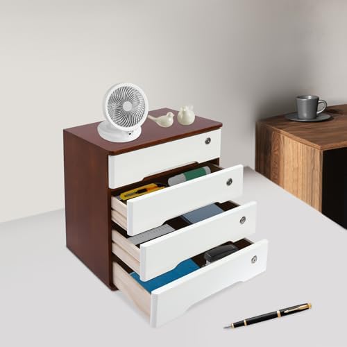 Wooden Desktop Storage Box with Lockable Drawers, Flat File Cabinet Drawer Desktop Storage Box, Countertop Storage Cabinet for Office Home Toiletries Supplies Vanity (walnut+white, 4 Drawer) - Image 5
