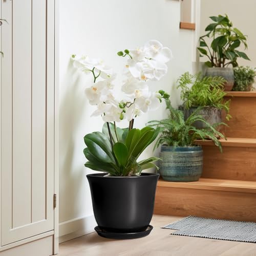 Ceramic Pots for Plants - 10 Inch Plant Pot with Drainage Hole and Tray, Large Round Planter for Indoor Outdoor, Morden Decorative Flower Pots, Living Room Decor, Gardening Gifts, Black - Image 6
