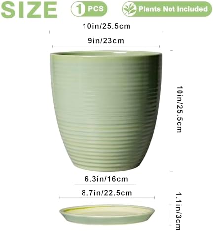 Ceramic Planter - 10 Inch Plant Pot for Indoor Outdoor with Drainage Hole and Plant Tray, Modern Round Home Office Patio Room Decor, House Warming Gifts, Green - Image 3