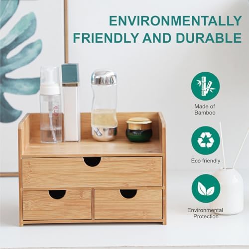 3 Drawer Bamboo Desk Organizer with Shelf – Makeup Storage & Tabletop Organizer for Home Office, Workspace, or Bathroom – No Assembly Required - Image 4