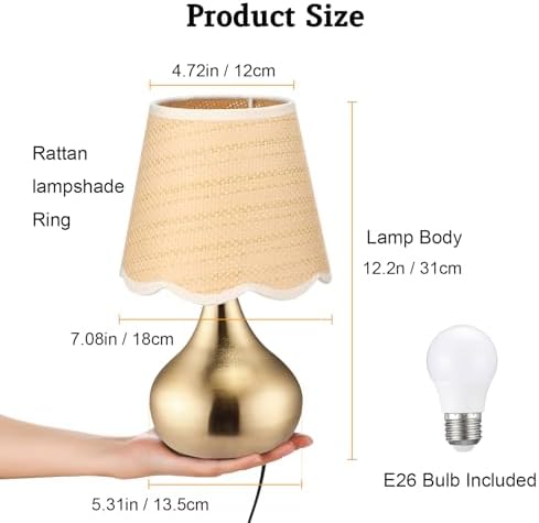 Small Table Lamp - Brass Gold Mini Table Lamps for Bedroom Vintage Decor Bedside Lamps for Night Stands Scalloped Rattan Shade Desk Lamp for Kids Room, Living Room, College Dorm, Home, Kitchen - Image 7