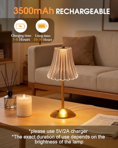 Nusogon Rechargeable Cordless Table Lamp, Gold Touch Crystal Desk Lamp - Image 5