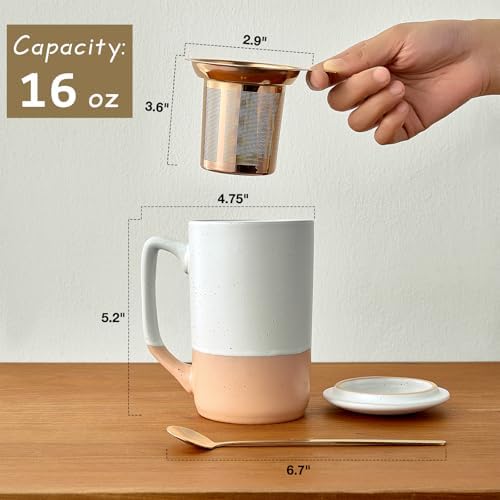 Gencywe Ceramics Large Tea Cup with Loose Leaf Infuser, Spoon and Lid, 16 oz Tall Coffee Mug, Microwave and Dishwasher Safe, Rustic Matte Ceramic Glaze, Tea Strainer (Pink) - Image 3