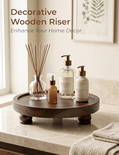 Demigo Acacia Wood Round Tray, 10 in Pedestal Riser Stand, Dark Brown - Image 2