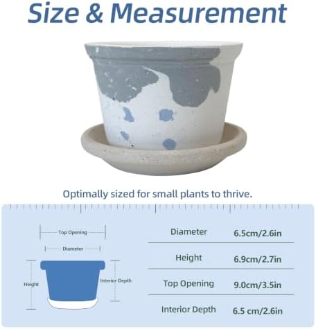 2.6 Inch Mini Ceramic Planter Pot with Drainage Hole and Saucer, Round Flower Pot for Indoor Plants, Cactus Herbs Windowsill Decor(White&Grey) - Image 4