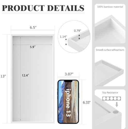 ZHWS Bathroom Vanity Tray for Countertop Perfume Makeup Jewelry Candle Decor, Kitchen Tray for Soap Dispenser Spice Salt, Large Tray for Toilet Tank Paper, Serving Nightstand White 13”x6.5” - Image 4