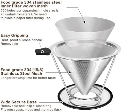 Pour Over Coffee Dripper, EVOCMORE Stainless Steel Reusable Filter - Image 4