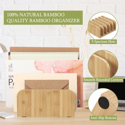 Lineshading Bamboo Letter Organizer, 5 Compartments Desk Mail Organizer, Desktop Envelope Holder and Letter Sorter, Countertop Paper File Holders with Anti Slip Mat for Home Office(Wood Color) - Image 2