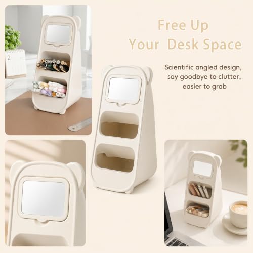 Cute Bear Pen Holder for Desk with Detachable Magnetic Mirror, Aesthetic Cream White Desk Organizer, 2-Compartment Pencil Cup Storage for Office & School - Image 5