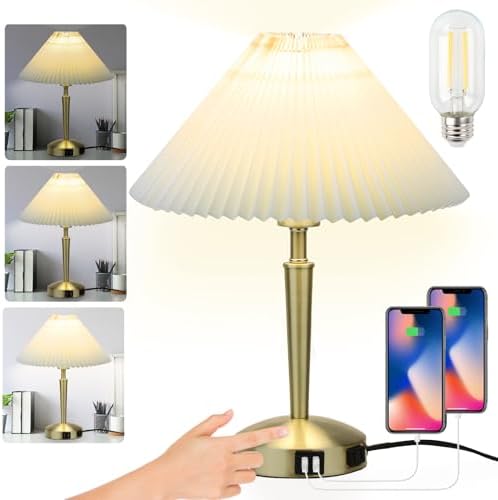 LALISU Touch Bedside Table Lamp, Fabric Shade Small Table Lamp, Gold by LALISU