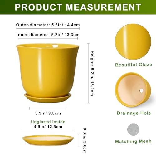 Ceramic Plant Pots - 5.6 Inch Planter with Drainage Hole and Saucer, Round Small Plant Pot for Indoor Outdoor, Modern Flower Succulent Orchid Pot, Desk Decor, Plant Lover Gifts, Yellow - Image 2