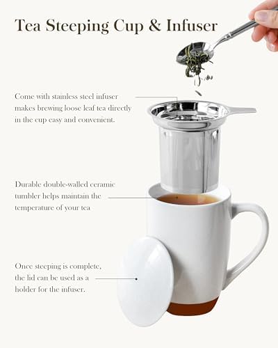 MALACASA Ceramic 18 oz Tea Mug with Lid and Infuser, Khaki White - Image 5