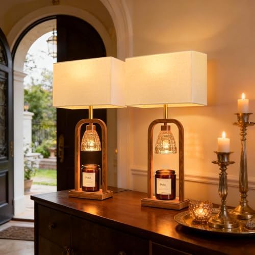 PoKat Electric Candle Warmer Lamps Gold, Lamp Candle Warmers with Timer Dimmer, Wax Light Warming Table Lamps Set of 2 for Jar Candles, Modern Bedside Lamp for Home Decor Living Room, Bulb Included by Pokat