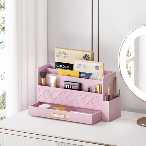 Wisuce Bamboo Mail Organizer Countertop with Drawer and Pen Holder, Pink - Image 2