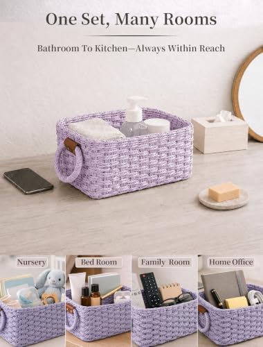 Small Wicker Baskets, 3 PCS Paper Rope Baskets for Shelves, Purple - Image 6