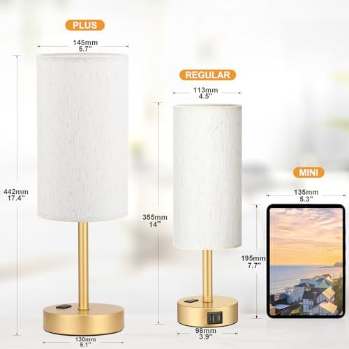 Fenmzee 17.4" Gold Lamp for Bedroom - Dimmable Touch, USB A+C, AC Outlet - Image 2
