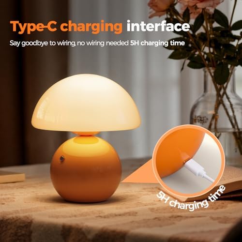 NIORSUN Mushroom Lamp Table Lamp for Bedroom, Portables Cordless Table Lamps Set of 2,Wireless lamp,Bedside Tables Touch for Living Room,Mini Mushroom 5200mAh Battery Operated Lamps Modern Orange - Image 4