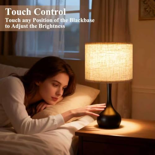 ONEWISH Touch Bedside Lamp for Bedroom, 3-Way Dimmable Table Lamps for Nightstand with Cylindrical Fabric Shade, Desk Lamp for Living Room, End Tables, Home Office - Image 3
