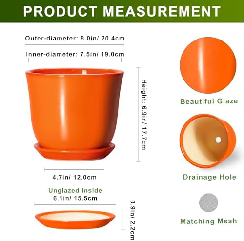 Ceramic Planter - 8 Inch Plant Pot with Drainage Hole and Saucer, Modern Planters for Indoor Outdoor Plants, Round Flower Pot, Home Patio Office Decor, House Warming Gifts, Orange - Image 2