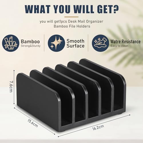 Lineshading Bamboo Letter Organizer, 5 Compartments Desk Mail Organizer, Desktop Envelope Holder and Letter Sorter, Countertop Paper File Holders with Anti Slip Mat for Home Office(Black) - Image 3