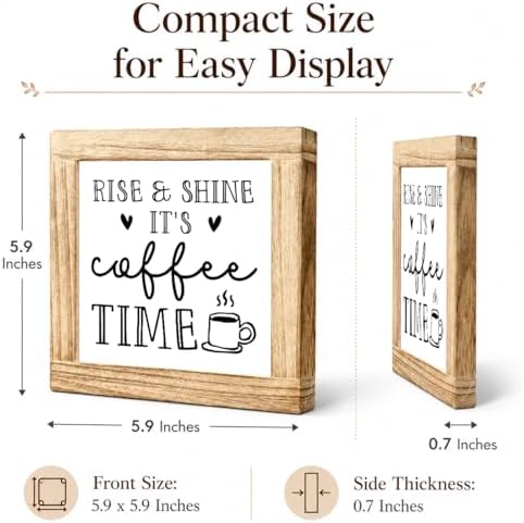 Rise And Shine Coffee Time Wood Sign, Morning Coffee Bar Decor, Farmhouse Kitchen Counter Plaque, Rustic Shelf Sitter For Breakfast Nook Coffees Station, Cozy Beverage Nook Display, 5.9 x 5.9 in - Image 2