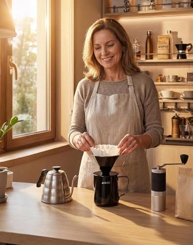 AGOGO Stainless Pour Over Coffee Maker Set, 50 Paper Filters, 30oz, Black - Image 2
