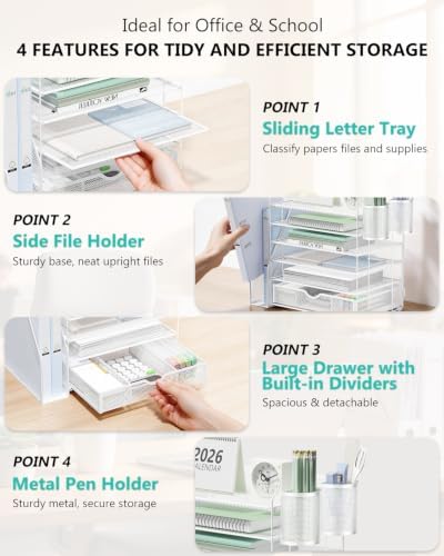 WALI Desk File Organizer, 6 Tier Desktop Paper Letter Tray Organizer with Drawer and 2 Pen Holders, Office Desk Accessories & Workspace Organizers for Office, Home Supplies(DO007DH-W), 1 Pack, White - Image 4
