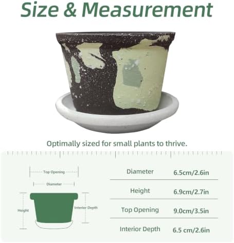 2.6 Inch Mini Ceramic Planter Pot with Drainage Hole and Saucer, Round Flower Pot for Indoor Plants, Cactus Herbs Windowsill Decor(Brown&Green) - Image 4