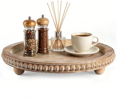 Round Decorative Tray for Coffee Table, Natural Wood Beaded Tray with Detachable Legs, 11.87" Farmhouse Rustic Serving Tray for Living Room, Ottoman, Kitchen Counter, Dining Table Decor by Unknown