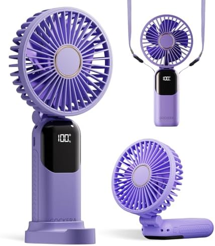 GOCKERA Portable Fan, 4200mAh Battery Operated Fan, 5 Speeds&Digital Display, Makeup Fans for Women with Base, 180°Foldable 3in1 Handheld/Neck/Desk Fan for Outdoor Indoor,Ultra Quiet (Purple) by GOCKERA